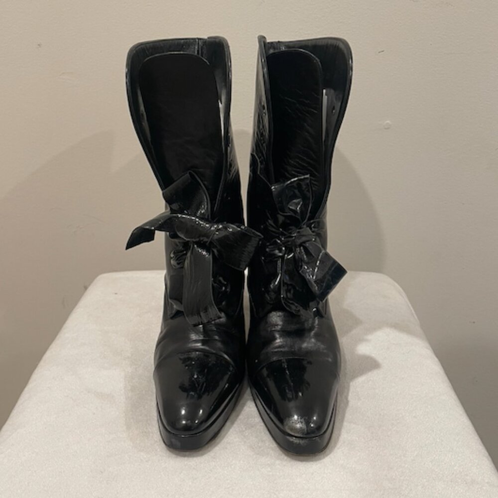 Chanel Vintage Black Patent Leather Lace Up Boots c1994 - Picture 1 of 9